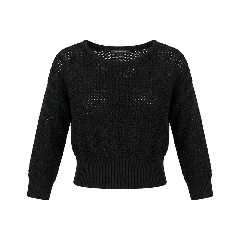 White House Black Market Black Open Knit Crochet Sweater Dolman Sleeve Large